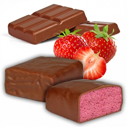 Pink Proteinriegel mit Erdbeere und Schokoladenüberzug